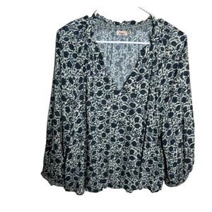 Faherty Blouse Women's Medium V-Neck Floral Long Sleeve Ruffle Boho Casual Top